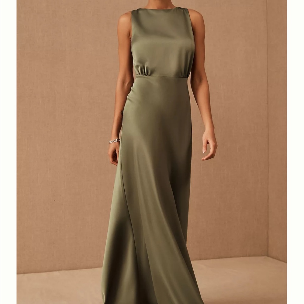 BHLDN Beckett Satin Charmeuse maxi dress in green holiday party evening